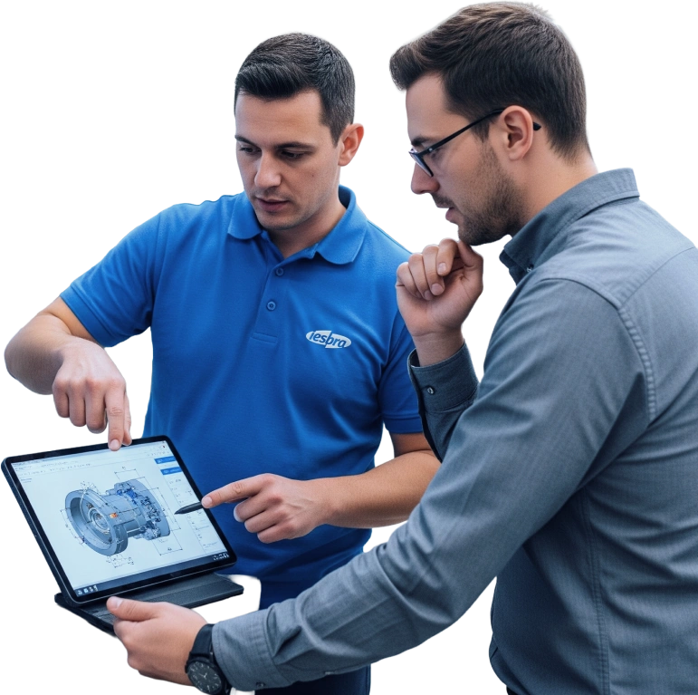 Um engenheiro e um cliente analisando um desenho técnico em um tablet