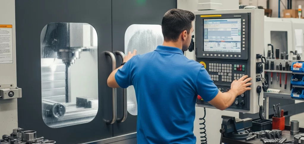 Homem usando polo azul operando uma máquina CNC em uma indústria