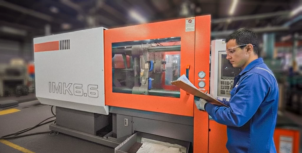 Técnico inspecionando máquina de injeção plástica