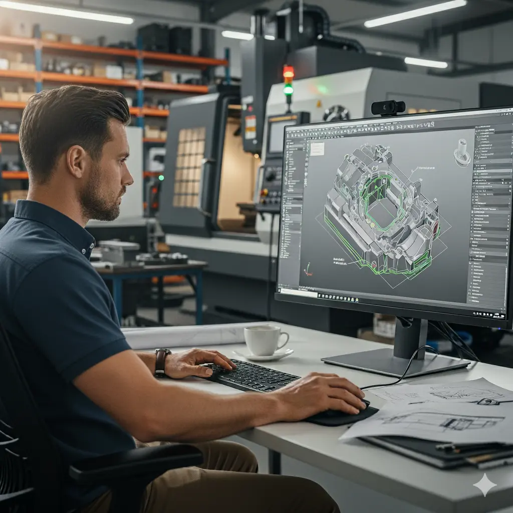 Projetista trabalhando em um modelo de peça num software CAD dentro de uma ferramentaria