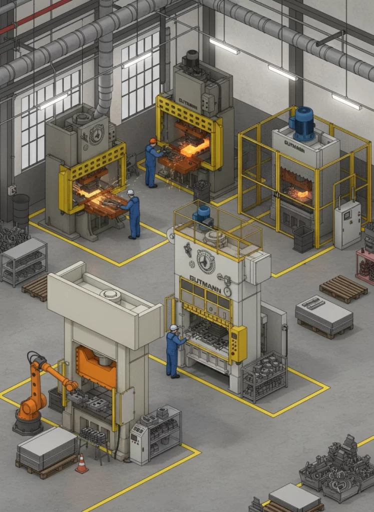 Ilustração isométrica de um chão de fábrica organizado, mostrando a linha de produção de uma indústria metalúrgica com prensas de forjaria a quente, estampagem e automação com robô industrial.