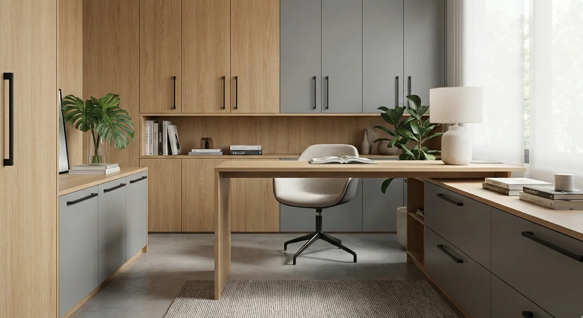 escritorio moderno minimalista com puxadores retos pretos industria moveleira